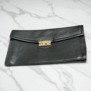 Cole Haan Black Leather Flap Clutch with Gold Clasp